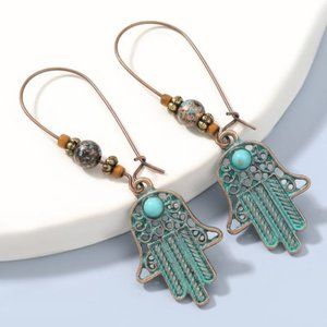 Bohemia Hamsa Hand Dangle Charm Forrest BrushedTeal Dangle Earrings